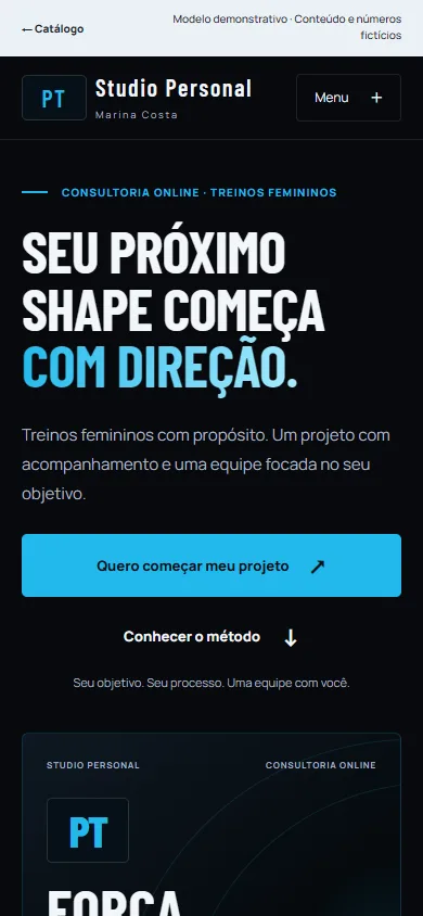 Prévia do projeto fictício Performance no celular